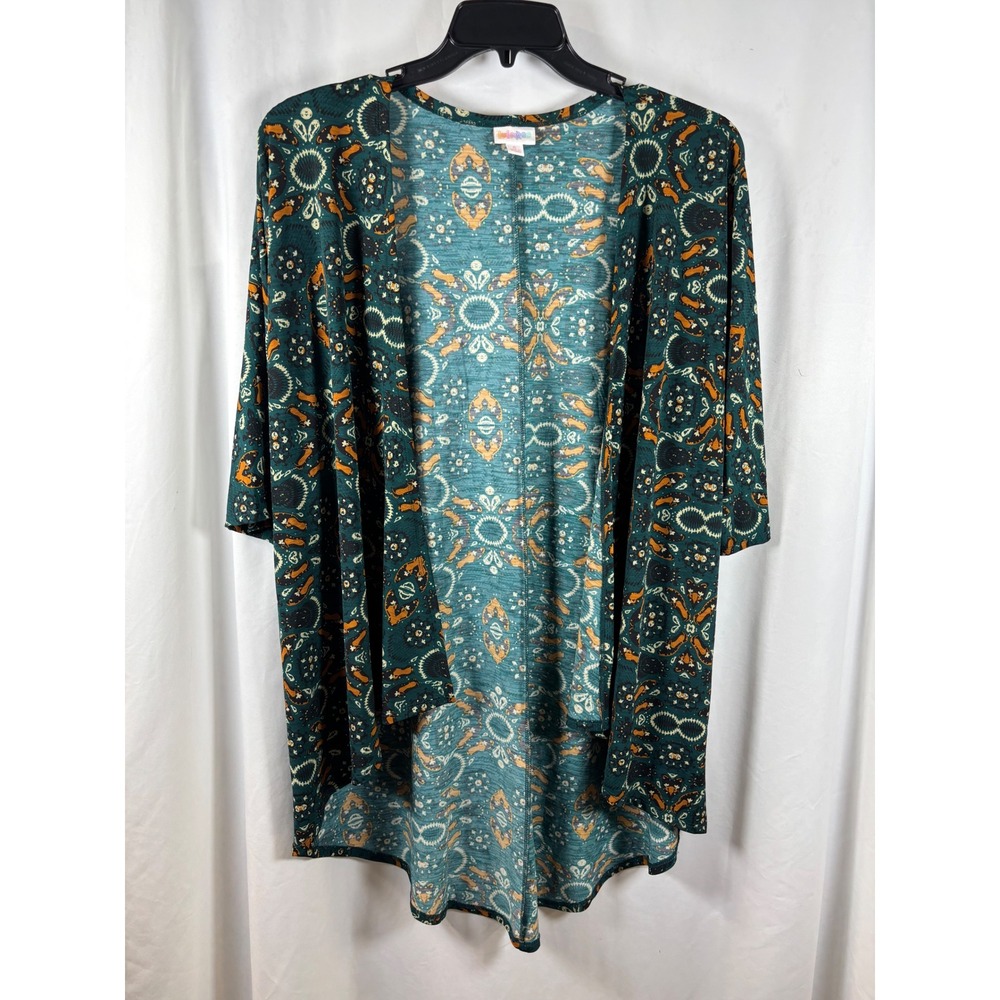 LuLaRoe Lindsay Kimono Cardigan Small Teal Orange Kaleidoscope Open Front Boho